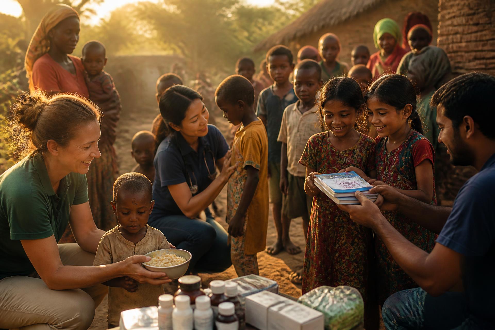 FICHR aid workers delivering food, medicine and education to children in a village at golden hour